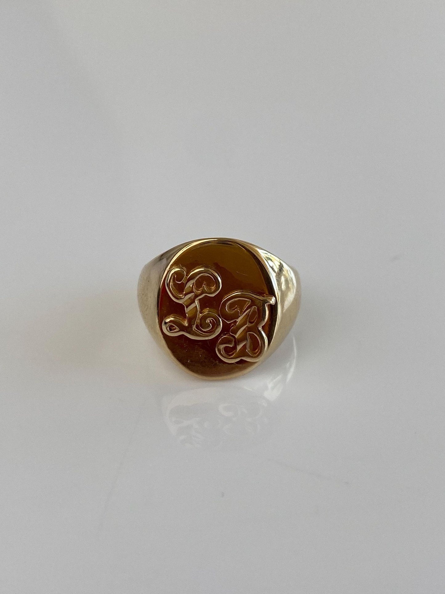 Vintage Solid 14k Yellow Gold Diamond Cut Initials 'LB' Signet Ring - Size 5
