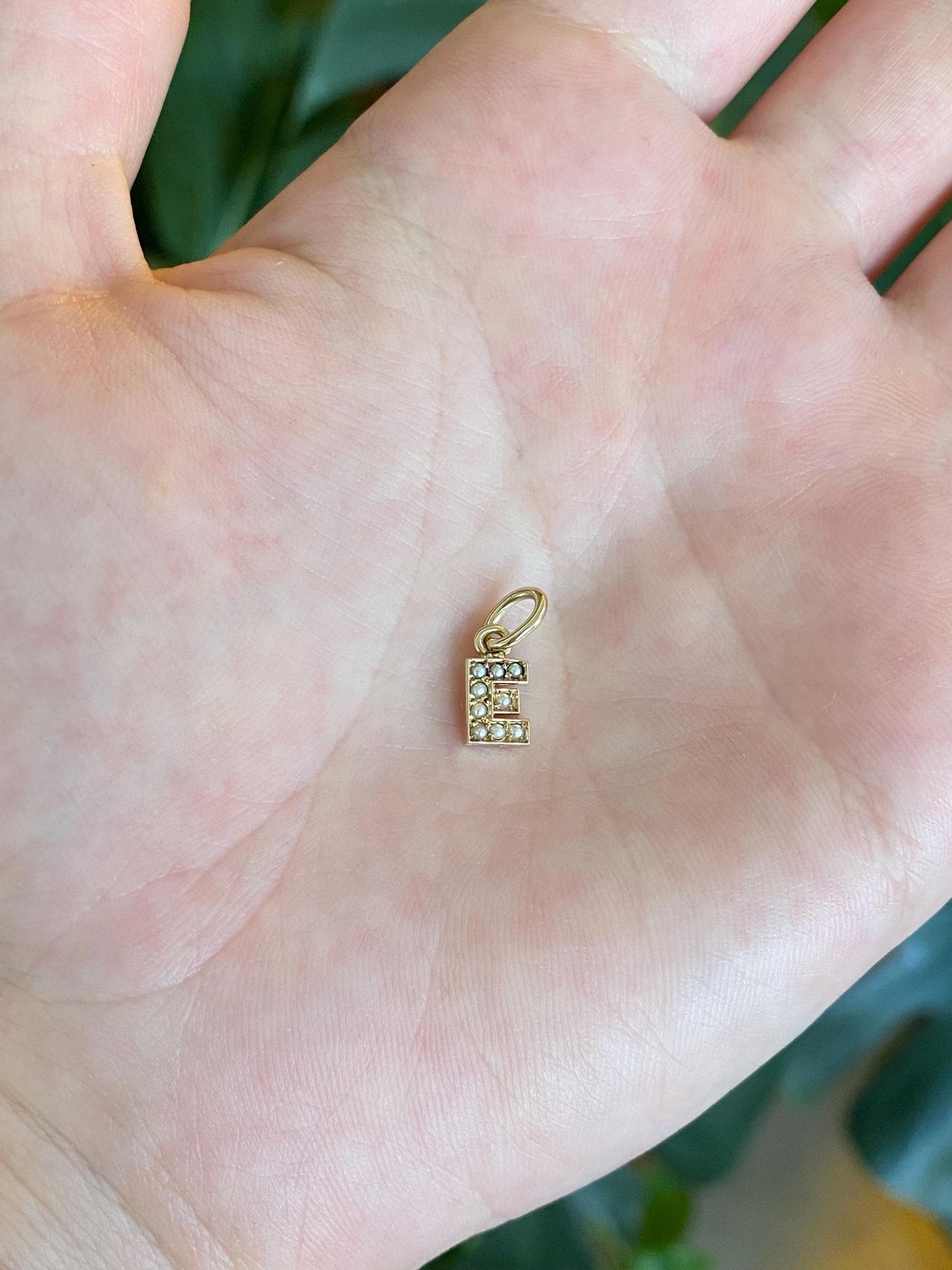 Vintage Solid 10k Yellow Gold Seed Pearls Initial 'E' Charm