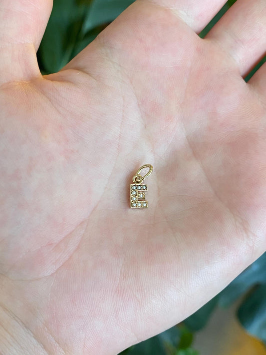 Vintage Solid 10k Yellow Gold Seed Pearls Initial 'E' Charm