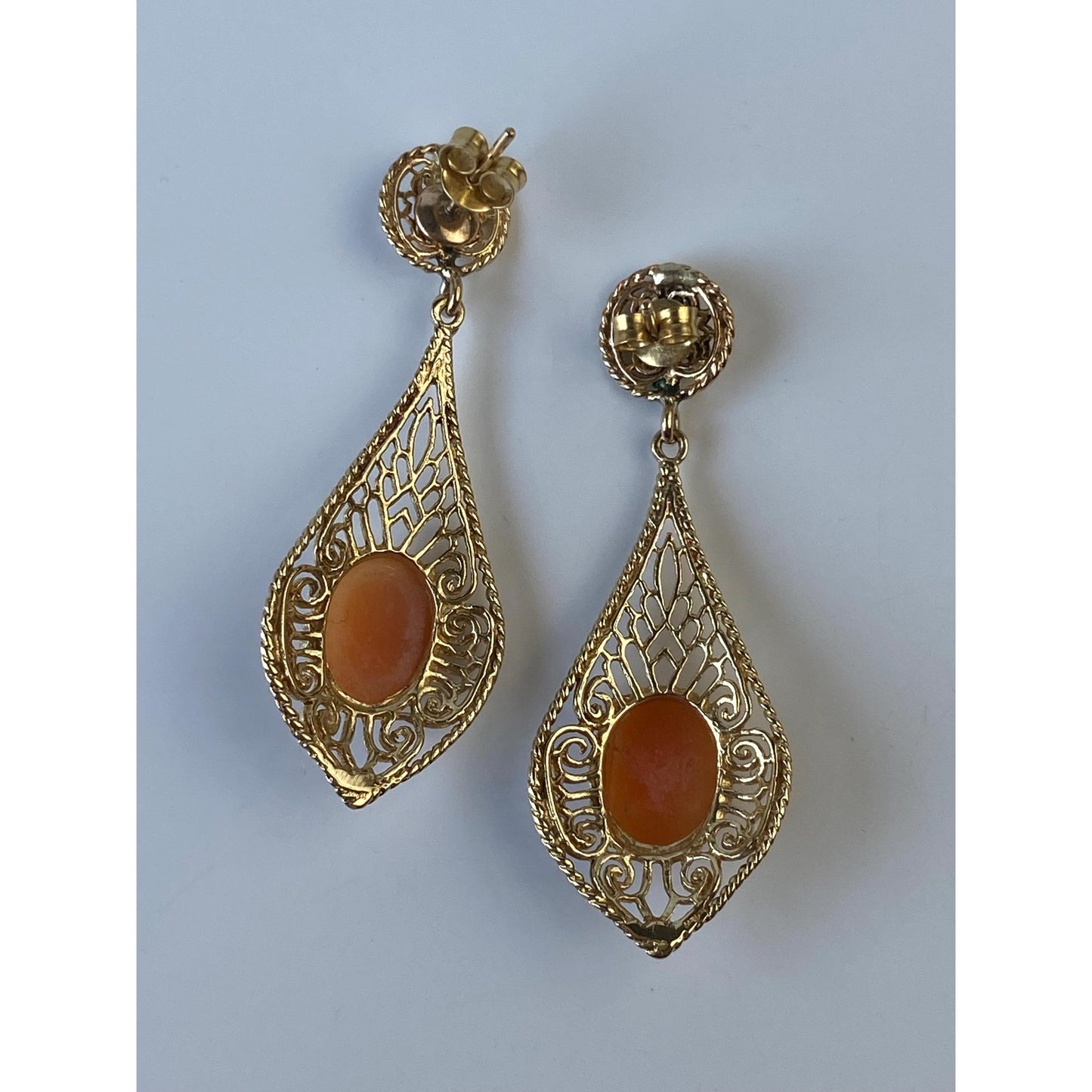 Vintage Solid 14k Yellow Gold Filigree Cameo Dangle Stud Earrings