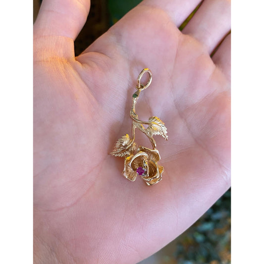 Solid 14k Yellow Gold Pink Sapphire Rose Charm