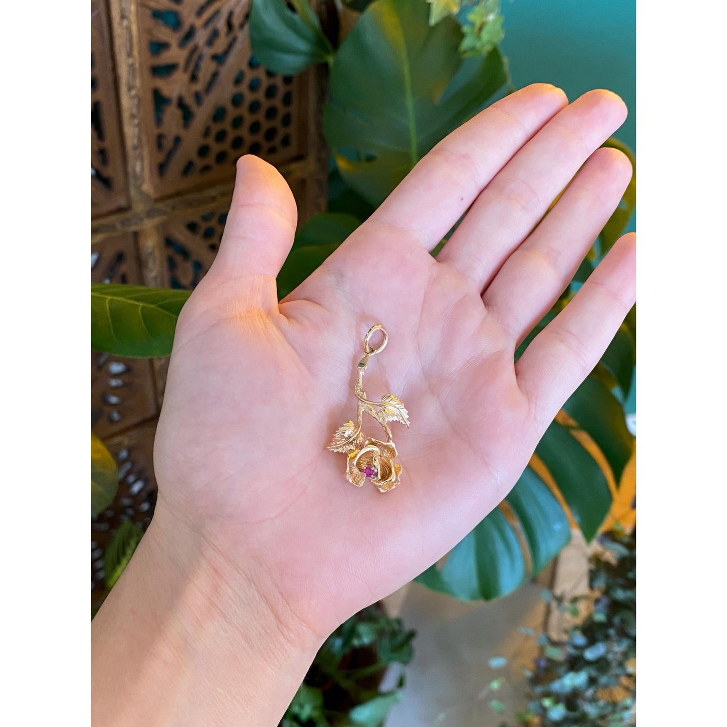 Solid 14k Yellow Gold Pink Sapphire Rose Charm