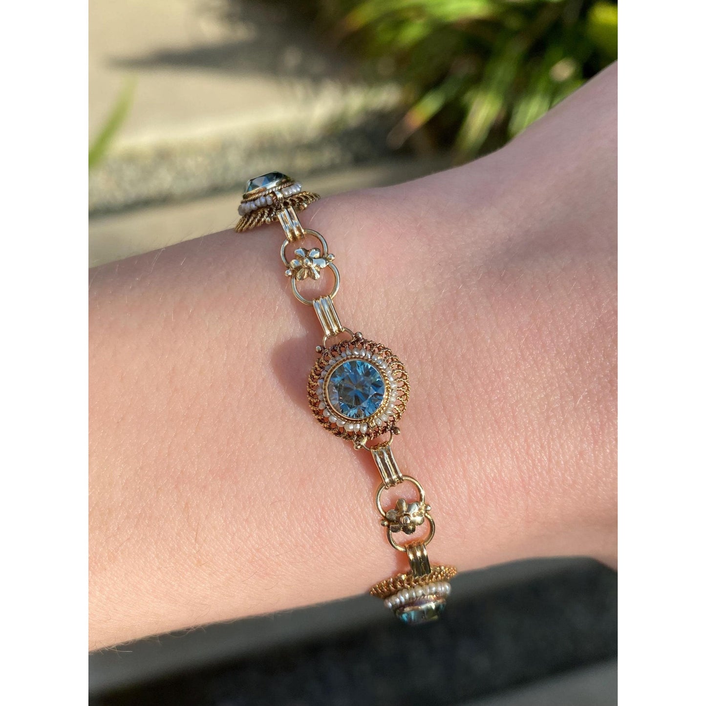 Solid 14k Yellow Gold Blue Zircon Seed Pearl Link Bracelet - 7.25 inches