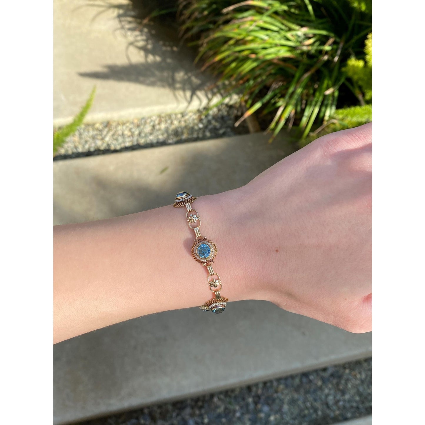 Solid 14k Yellow Gold Blue Zircon Seed Pearl Link Bracelet - 7.25 inches