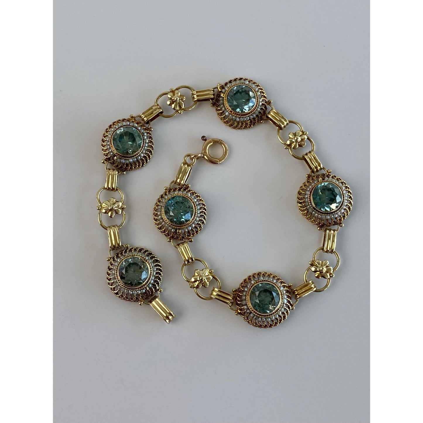 Solid 14k Yellow Gold Blue Zircon Seed Pearl Link Bracelet - 7.25 inches