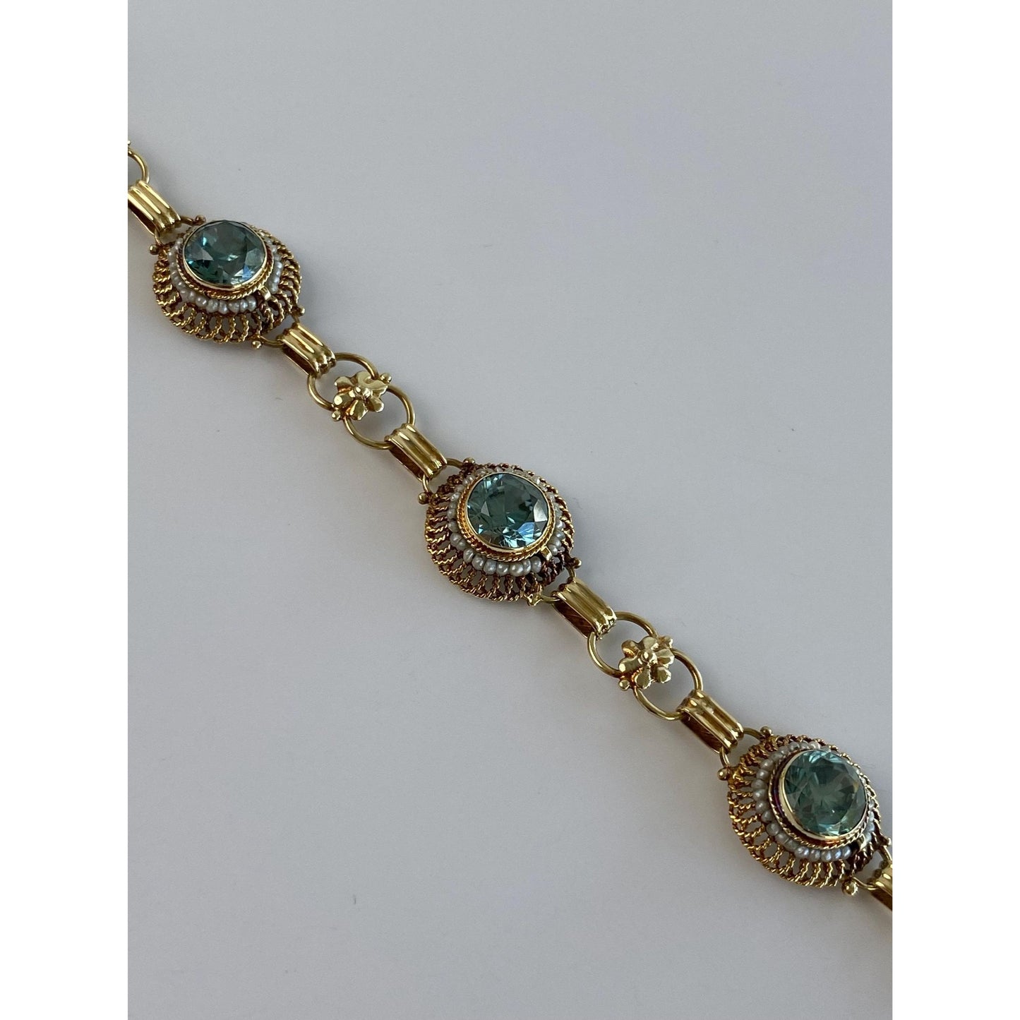 Solid 14k Yellow Gold Blue Zircon Seed Pearl Link Bracelet - 7.25 inches