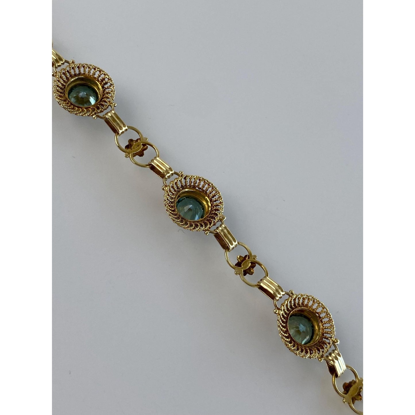 Solid 14k Yellow Gold Blue Zircon Seed Pearl Link Bracelet - 7.25 inches
