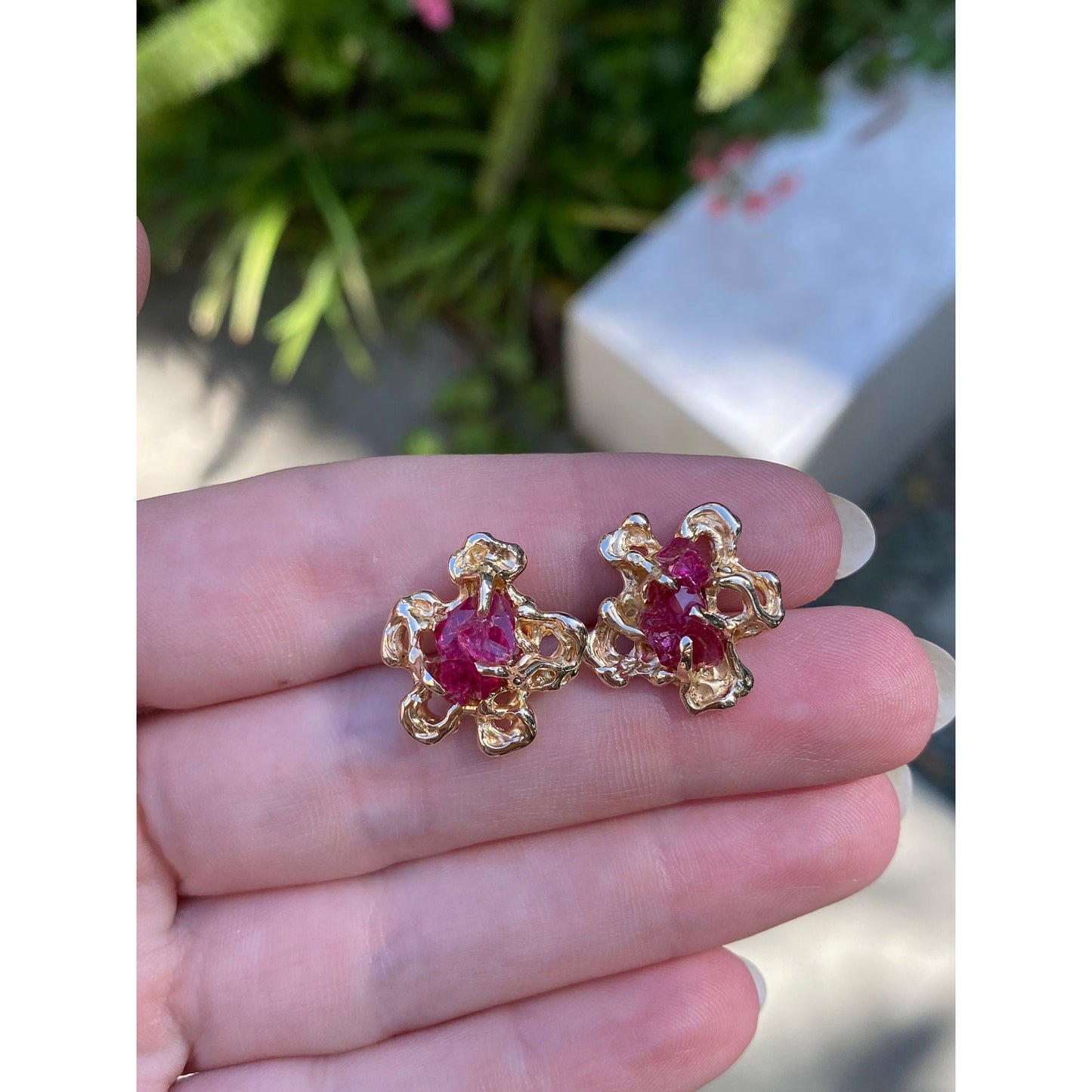 Vintage Solid 14k Yellow Gold Raw Pink Sapphire Organic Stud Earrings