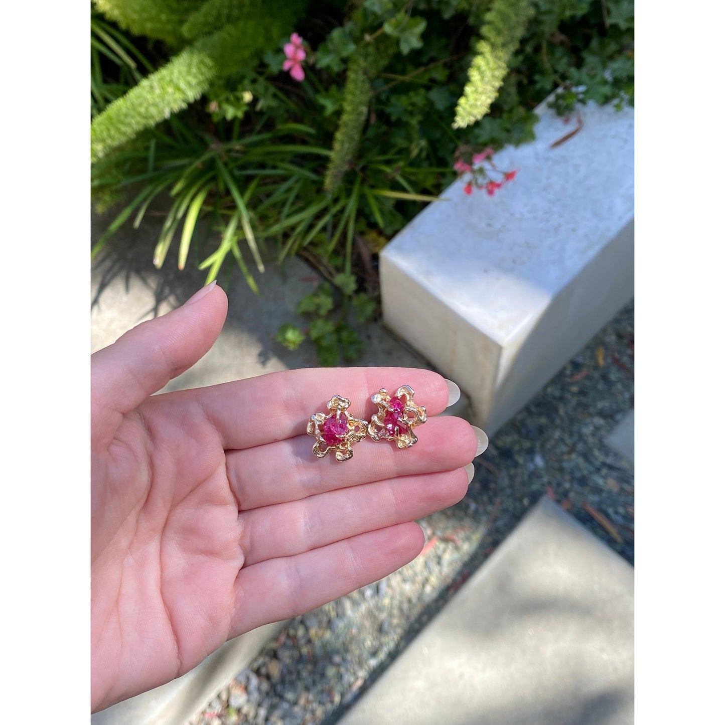 Vintage Solid 14k Yellow Gold Raw Pink Sapphire Organic Stud Earrings