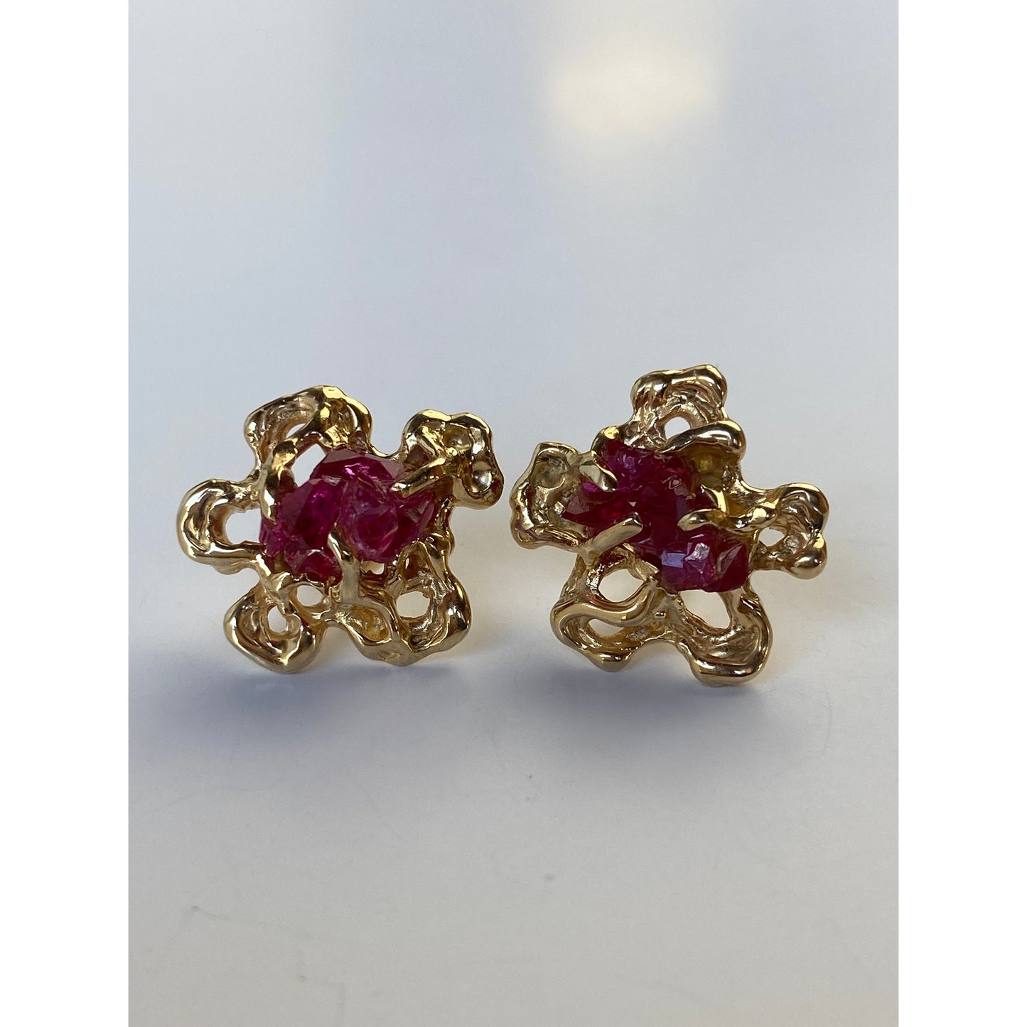 Vintage Solid 14k Yellow Gold Raw Pink Sapphire Organic Stud Earrings