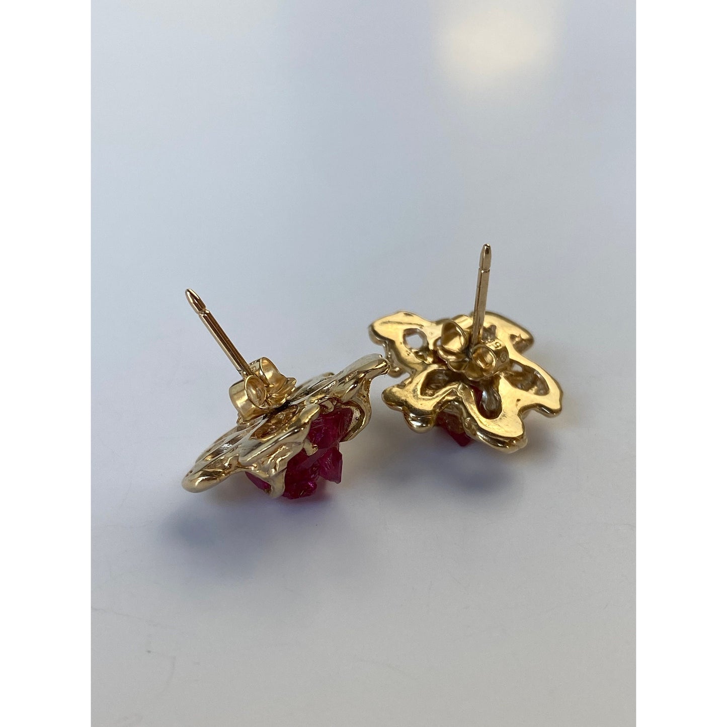 Vintage Solid 14k Yellow Gold Raw Pink Sapphire Organic Stud Earrings