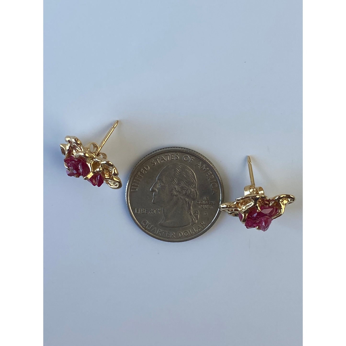 Vintage Solid 14k Yellow Gold Raw Pink Sapphire Organic Stud Earrings