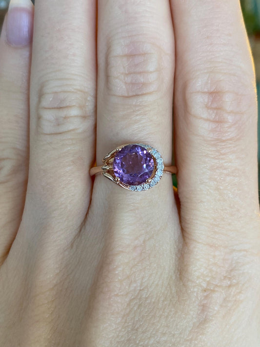 Vintage Solid 14k Rose Gold Diamond Amethyst Ring - Size 7