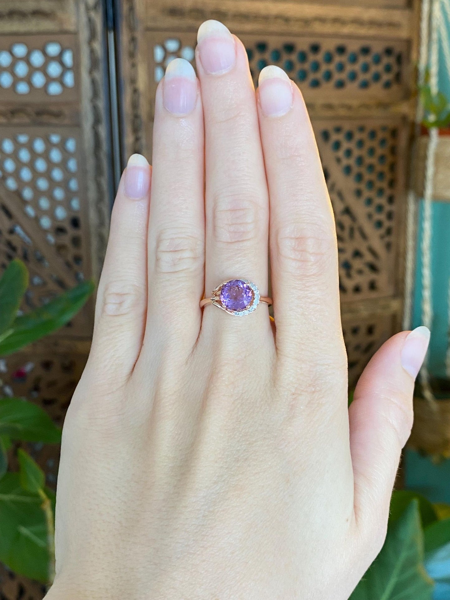 Vintage Solid 14k Rose Gold Diamond Amethyst Ring - Size 7