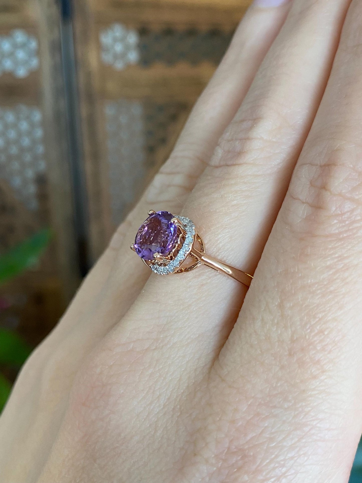 Vintage Solid 14k Rose Gold Diamond Amethyst Ring - Size 7