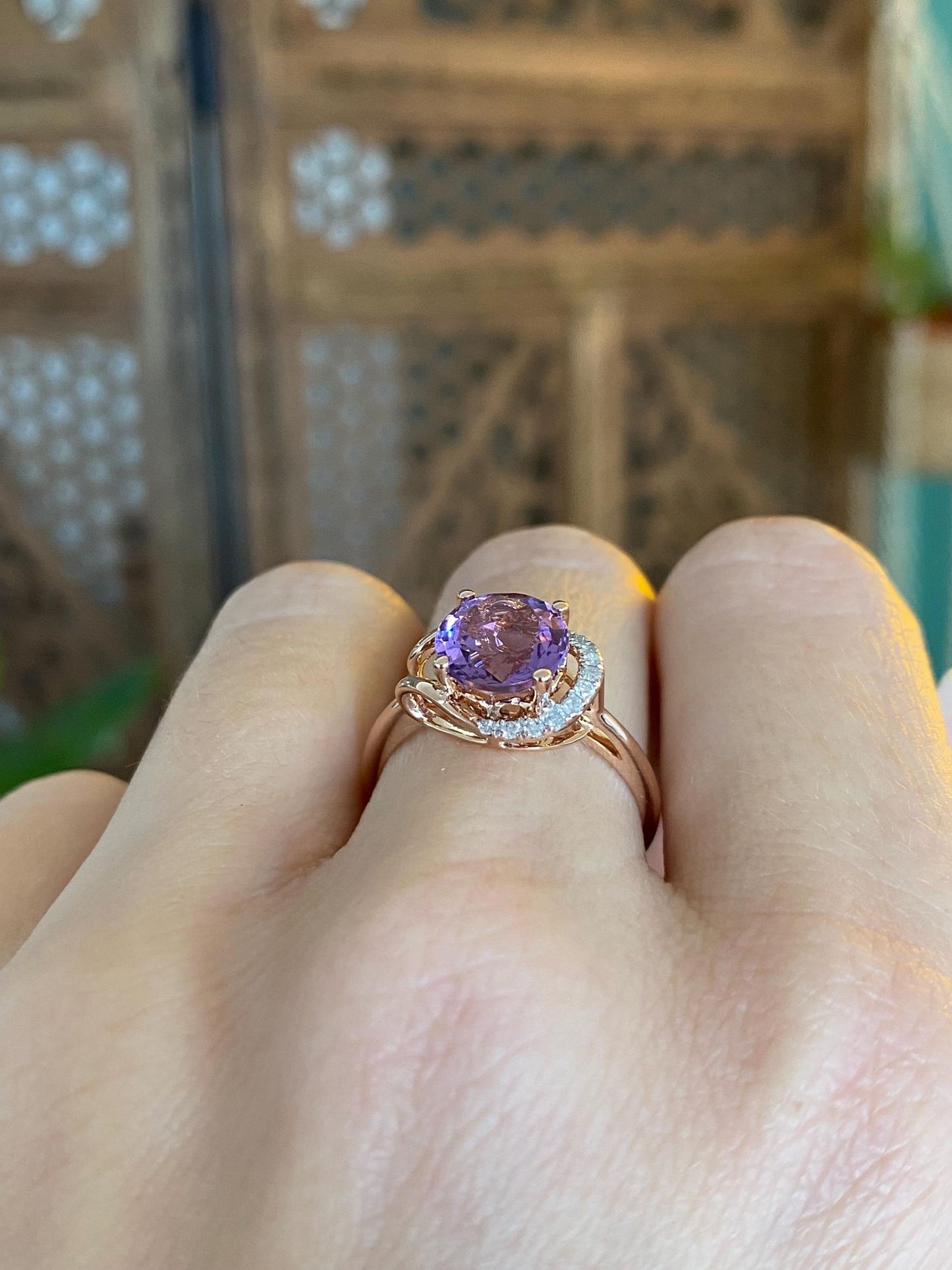 Vintage Solid 14k Rose Gold Diamond Amethyst Ring - Size 7