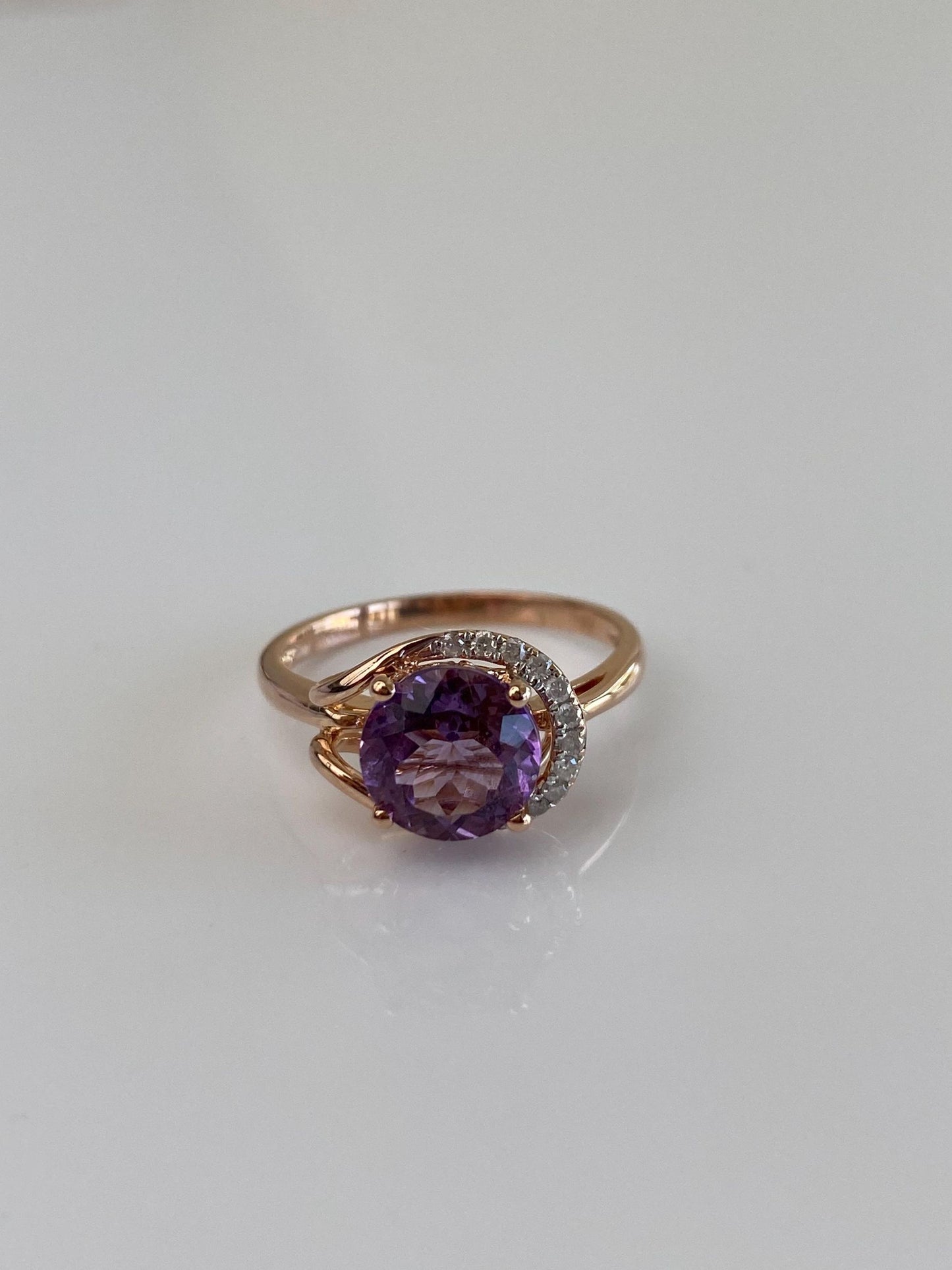 Vintage Solid 14k Rose Gold Diamond Amethyst Ring - Size 7