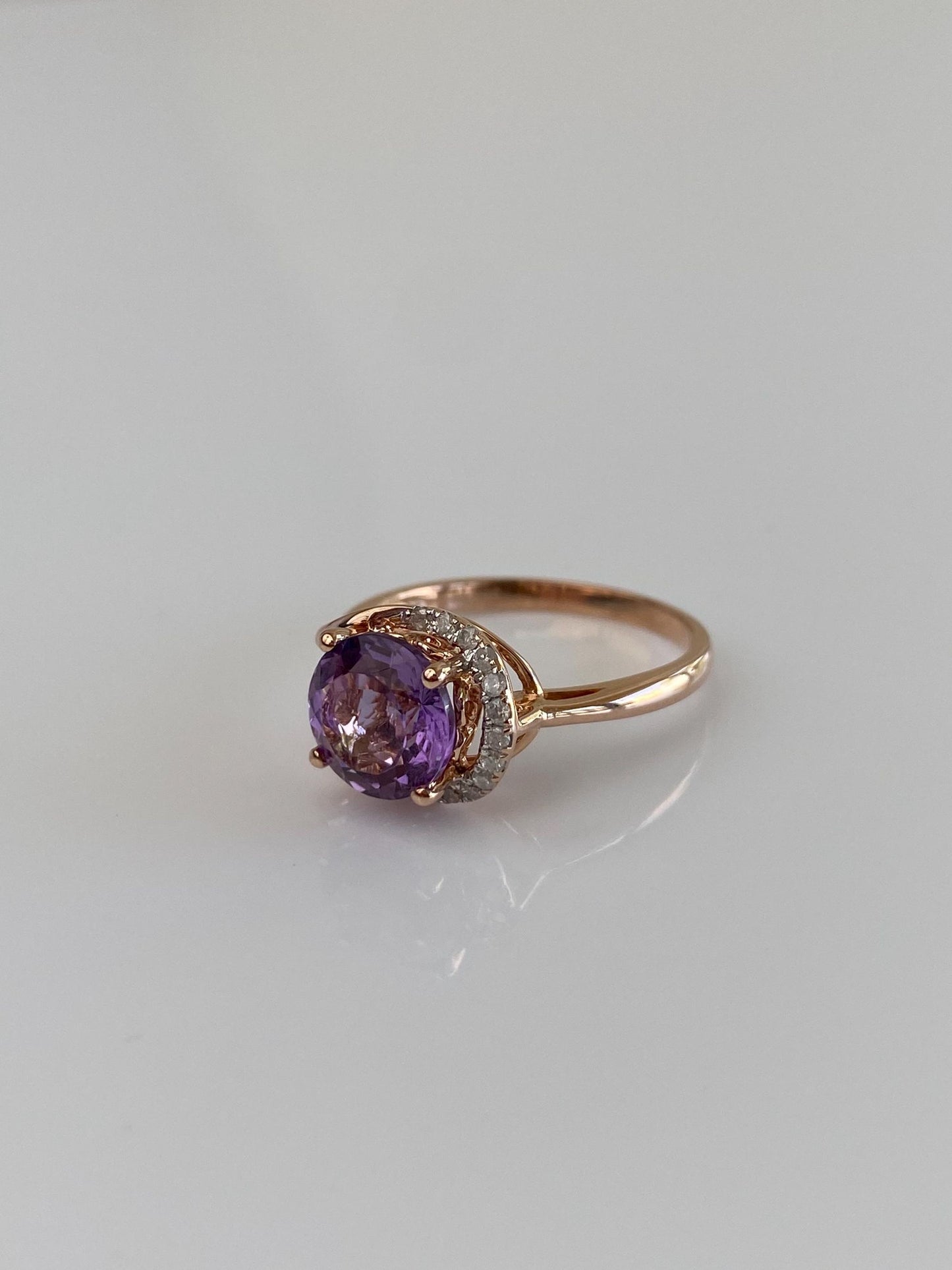 Vintage Solid 14k Rose Gold Diamond Amethyst Ring - Size 7