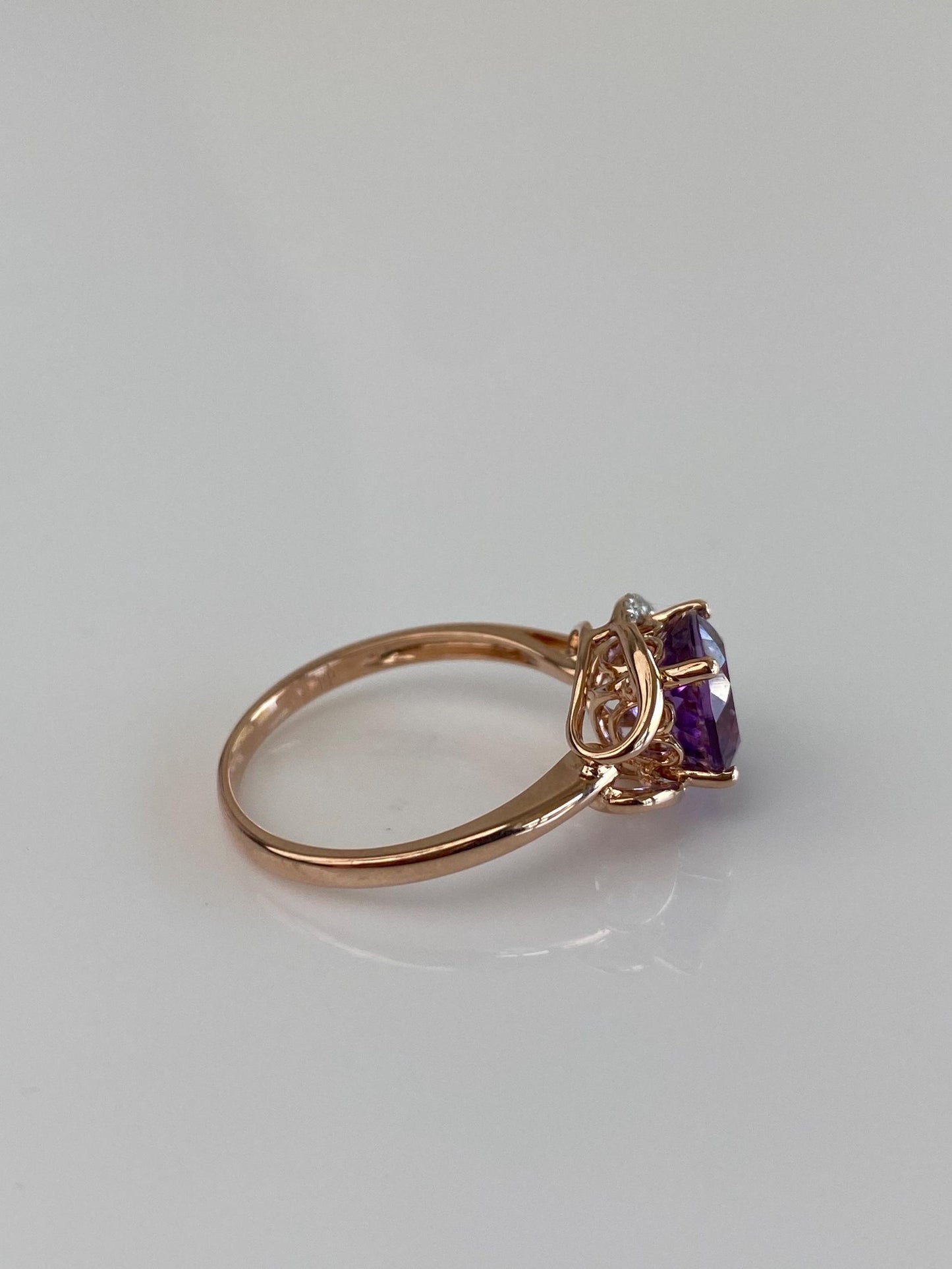 Vintage Solid 14k Rose Gold Diamond Amethyst Ring - Size 7