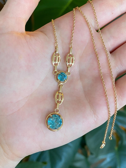 Vintage Solid 14k Yellow Gold Topaz Rolo Chain Necklace - 16.75 inches