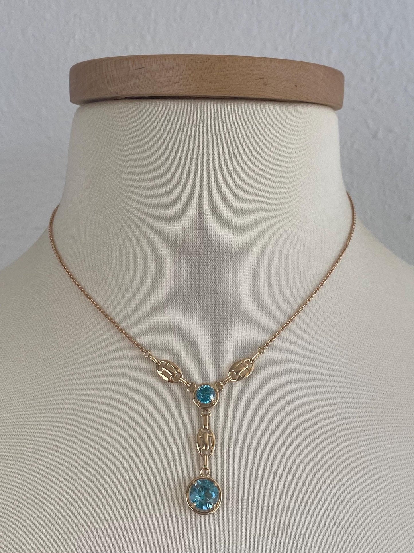 Vintage Solid 14k Yellow Gold Topaz Rolo Chain Necklace - 16.75 inches