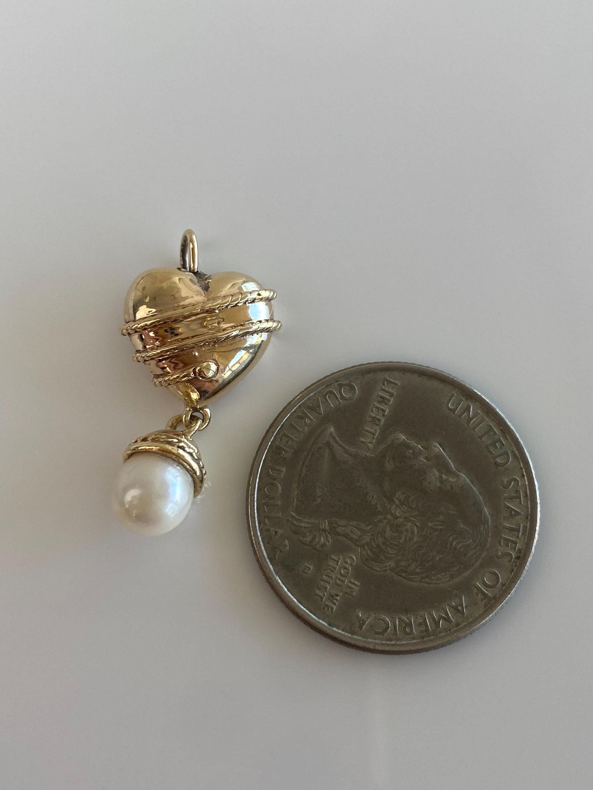 Vintage Solid 14k Yellow Gold Pearl Dangle Heart Charm