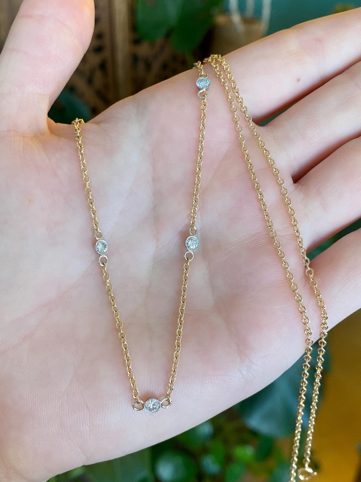 Vintage Solid 14k White & Yellow Gold Bezel Set Diamond Link Rolo Chain Necklace - 23.75 inches