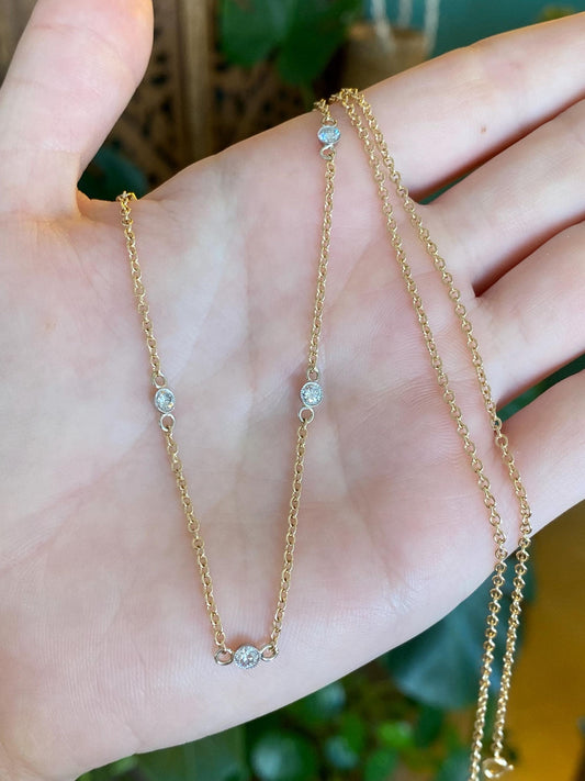 Vintage Solid 14k White & Yellow Gold Bezel Set Diamond Link Rolo Chain Necklace - 23.75 inches