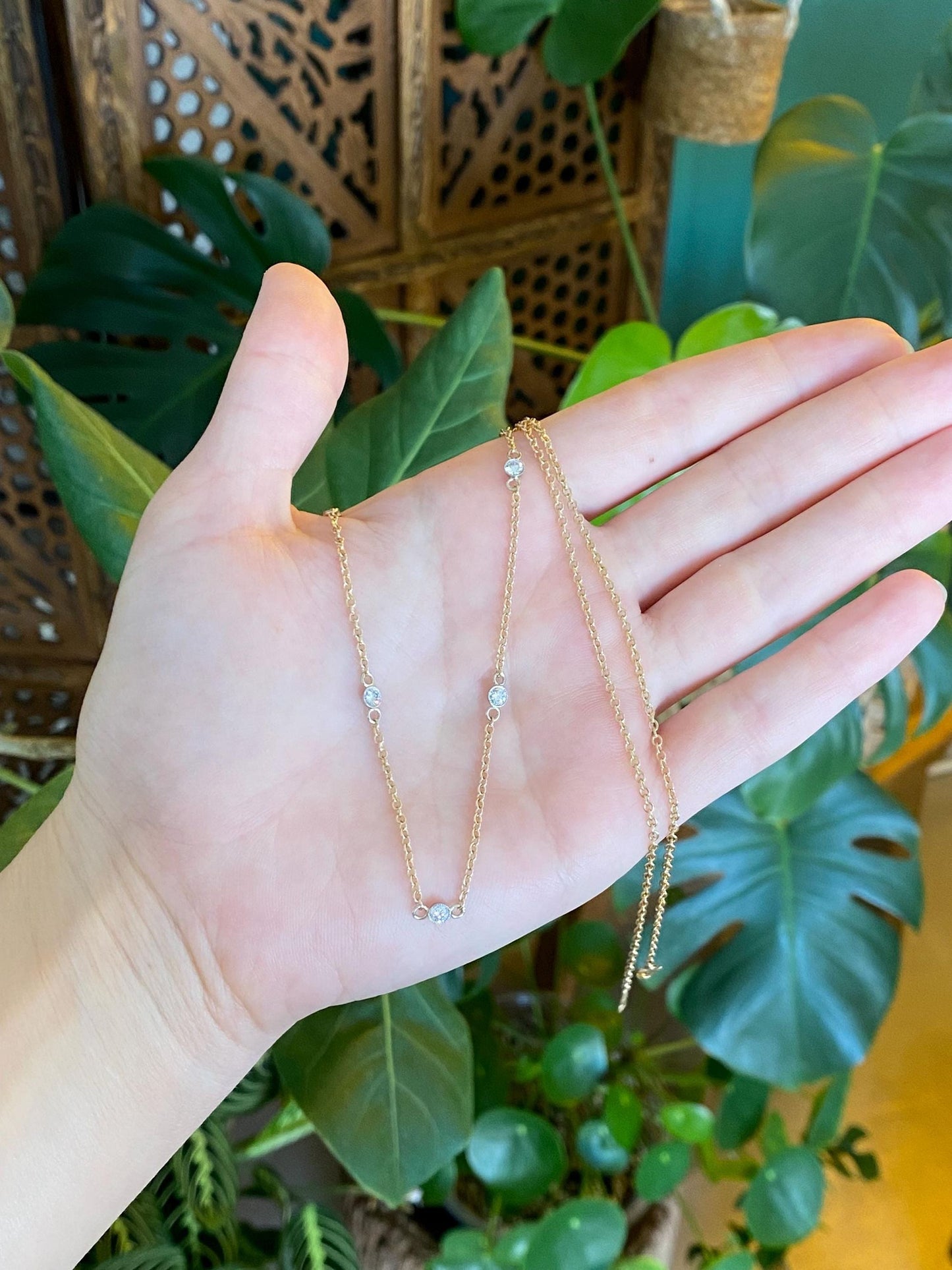 Vintage Solid 14k White & Yellow Gold Bezel Set Diamond Link Rolo Chain Necklace - 23.75 inches