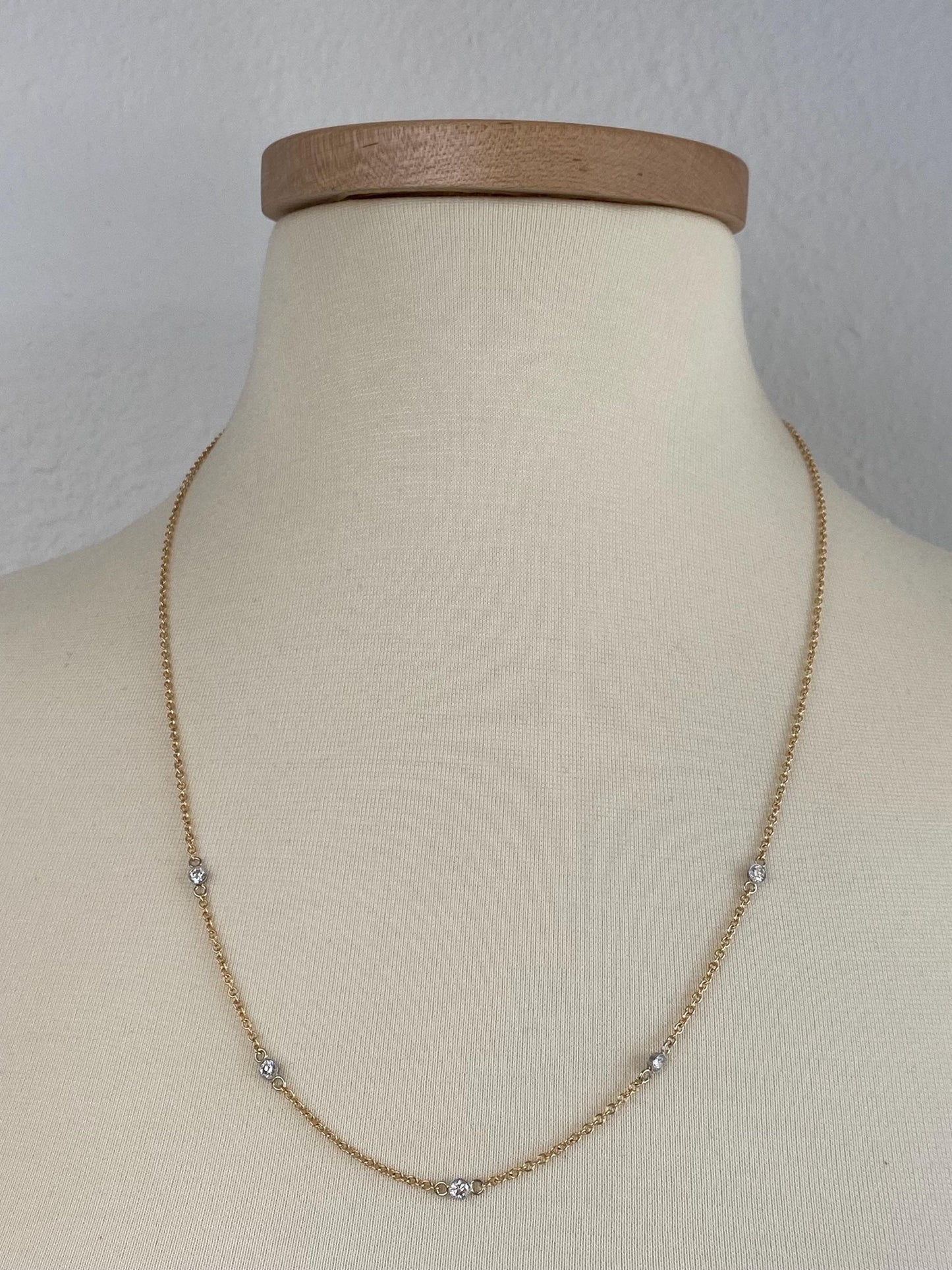 Vintage Solid 14k White & Yellow Gold Bezel Set Diamond Link Rolo Chain Necklace - 23.75 inches