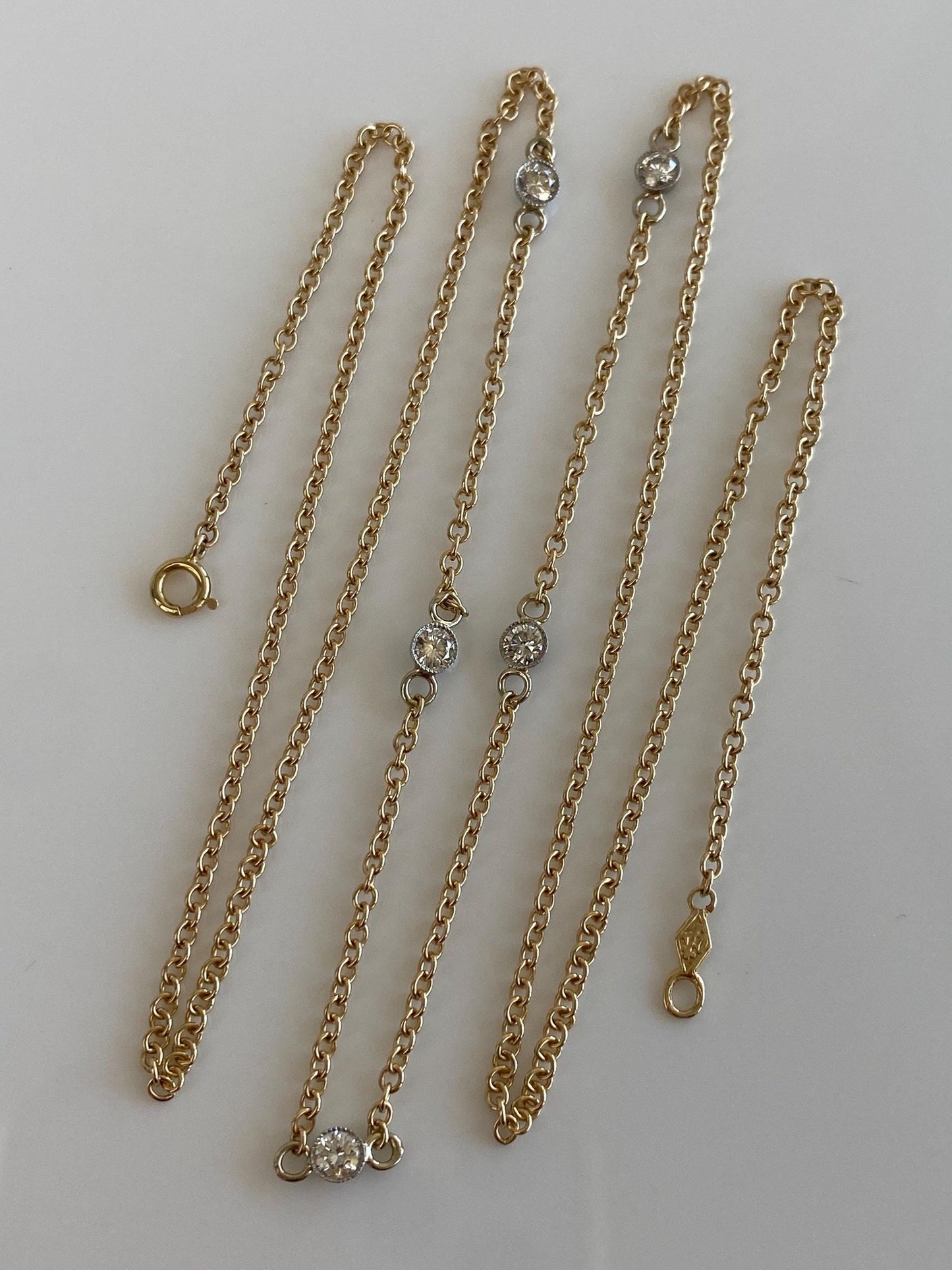 Vintage Solid 14k White & Yellow Gold Bezel Set Diamond Link Rolo Chain Necklace - 23.75 inches