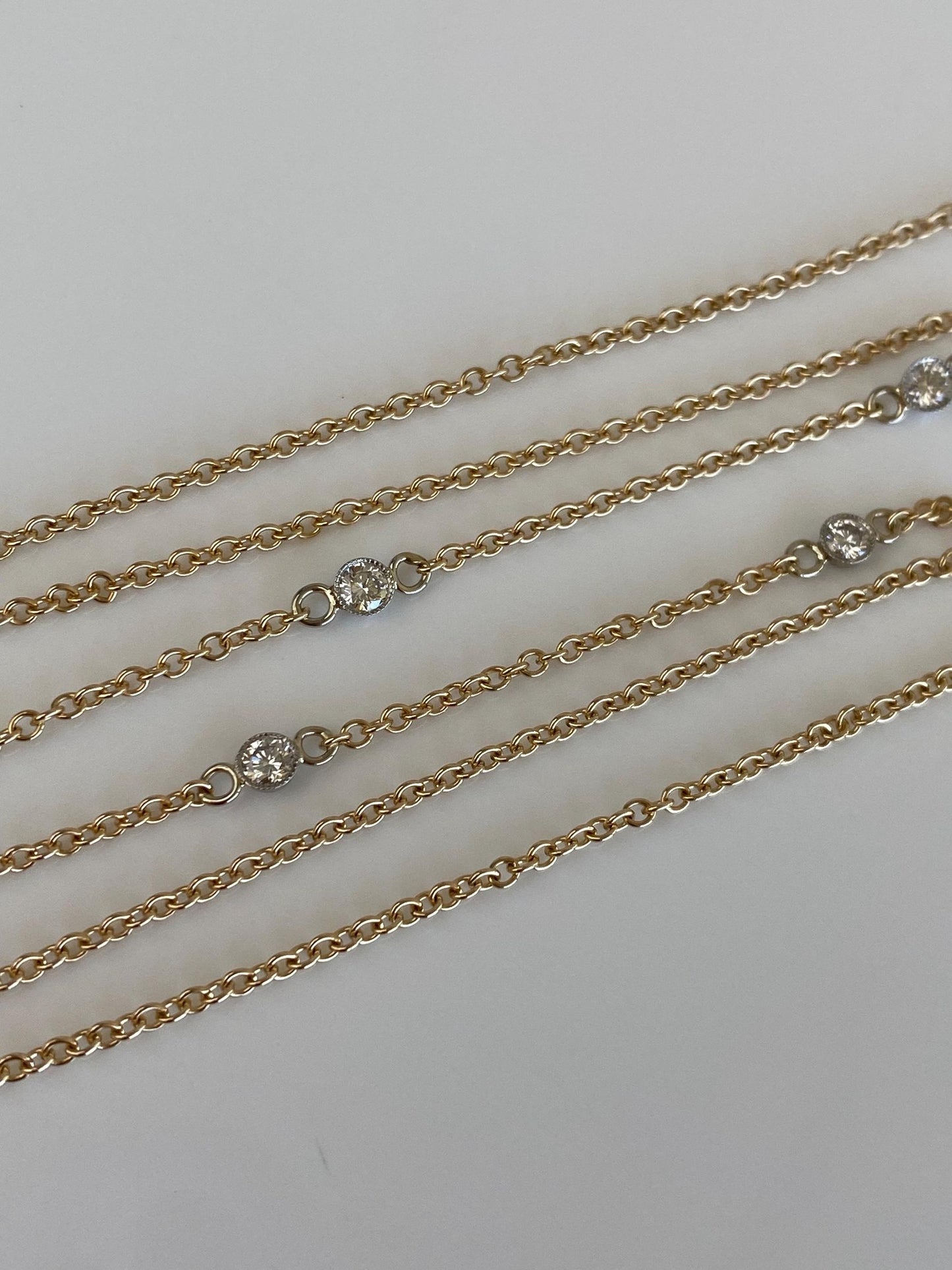 Vintage Solid 14k White & Yellow Gold Bezel Set Diamond Link Rolo Chain Necklace - 23.75 inches