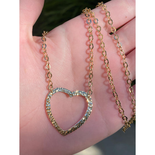 Vintage Solid 14k Yellow Gold Textured Heart Cable Chain Necklace - 18 inches
