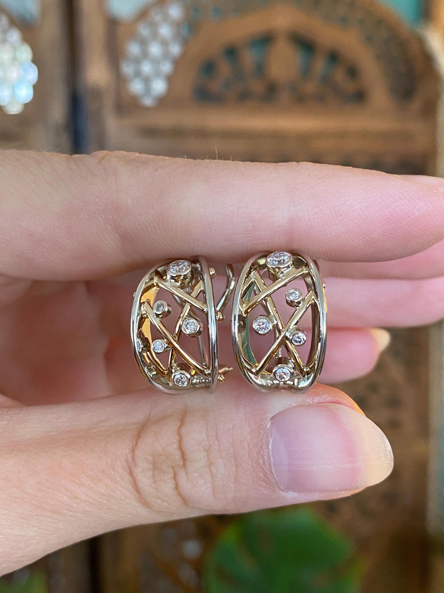 Vintage Solid 14k White & Yellow Gold Diamond Drop Earrings