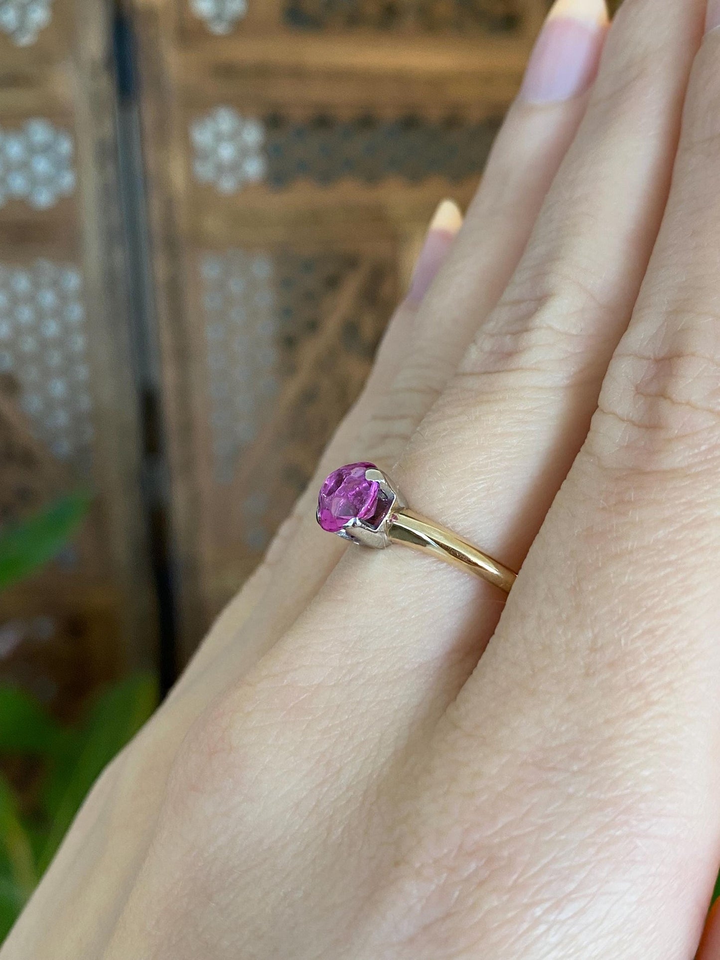 Vintage Solid 14k White & Yellow Gold Pink Sapphire Ring - Size 7.5