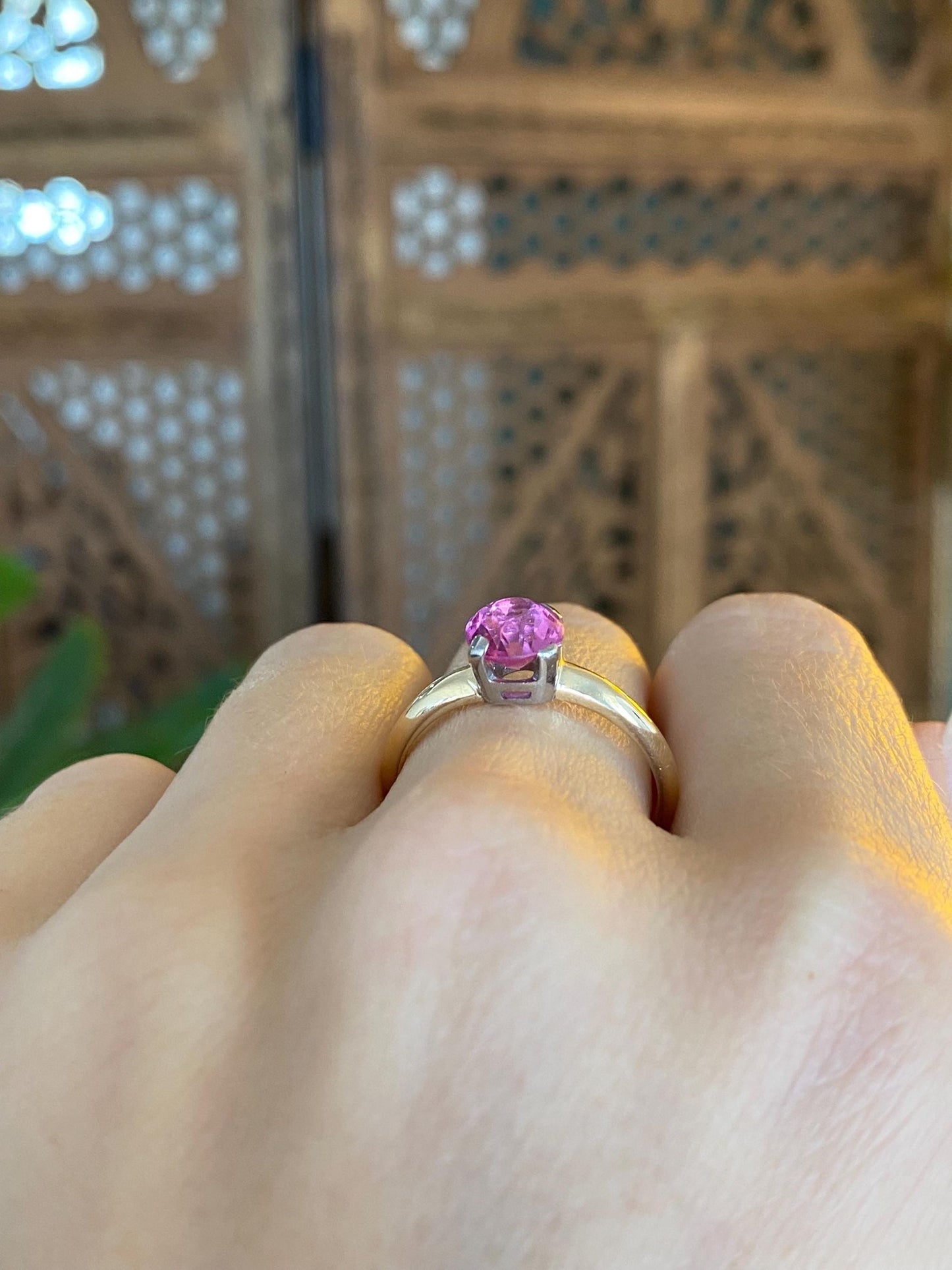 Vintage Solid 14k White & Yellow Gold Pink Sapphire Ring - Size 7.5