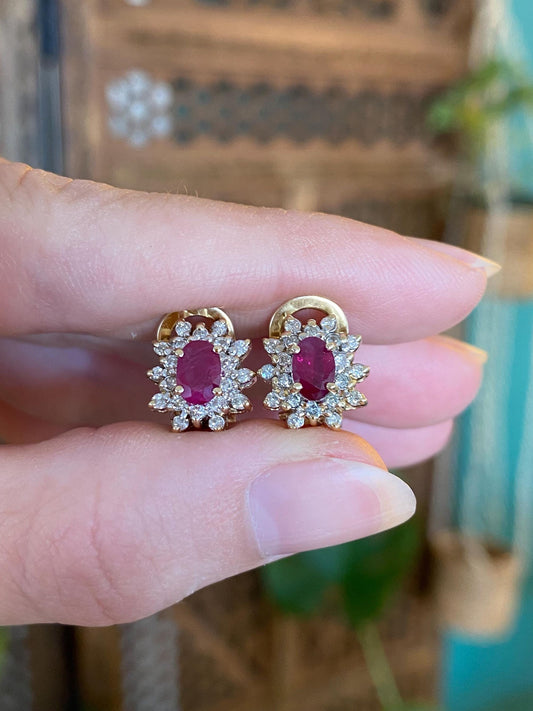 Vintage Solid 14k Yellow Gold Diamond Halo Ruby Drop Earrings