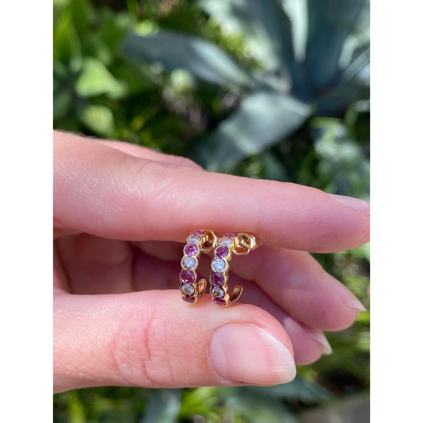 Vintage Solid 14k Yellow Gold Diamond Pink Spinel Hoop Earrings