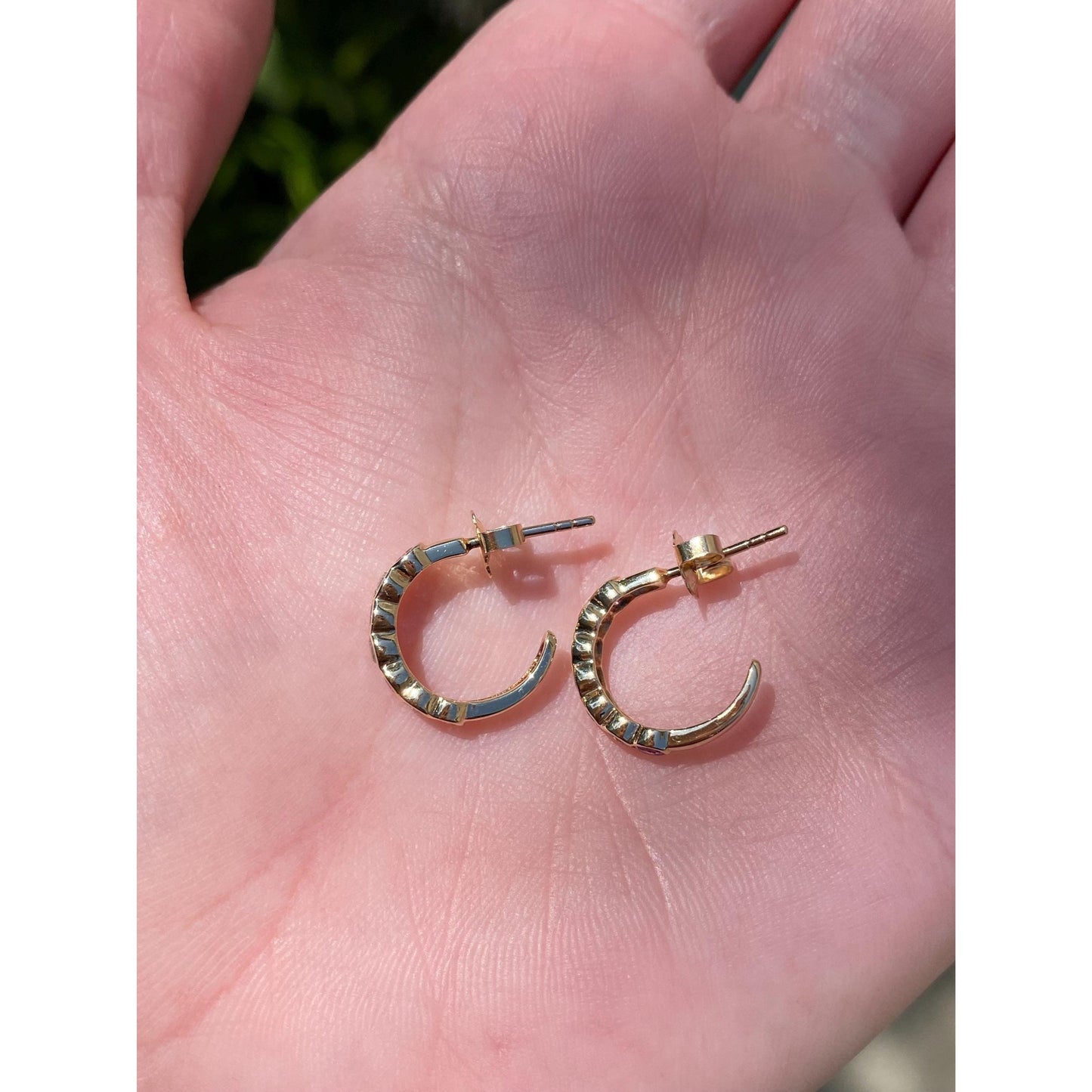 Vintage Solid 14k Yellow Gold Diamond Pink Spinel Hoop Earrings