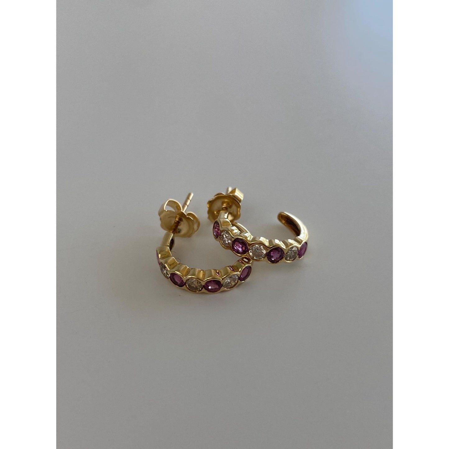 Vintage Solid 14k Yellow Gold Diamond Pink Spinel Hoop Earrings