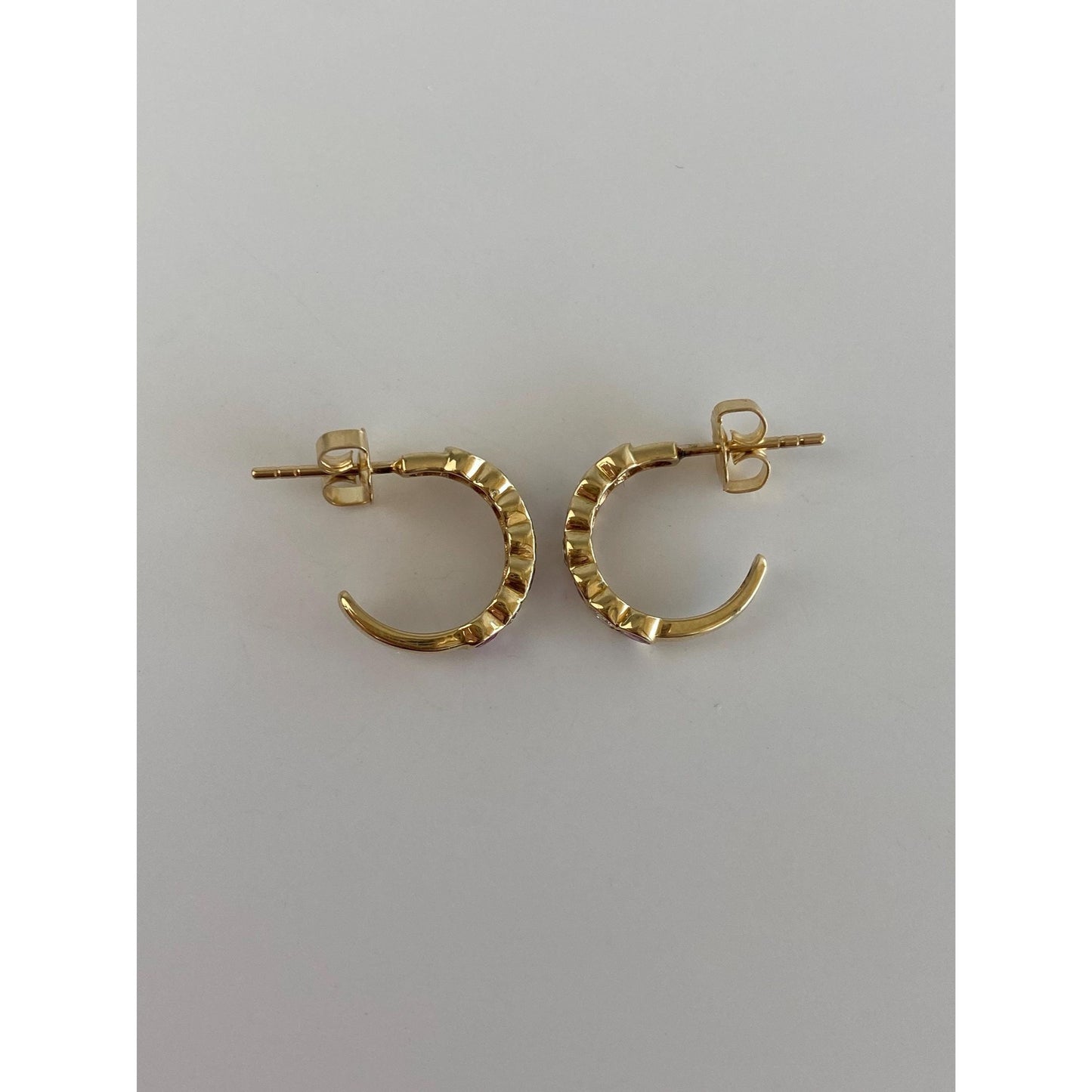 Vintage Solid 14k Yellow Gold Diamond Pink Spinel Hoop Earrings