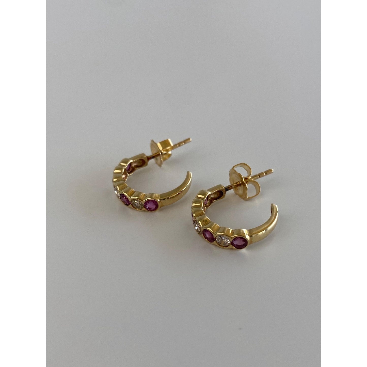 Vintage Solid 14k Yellow Gold Diamond Pink Spinel Hoop Earrings