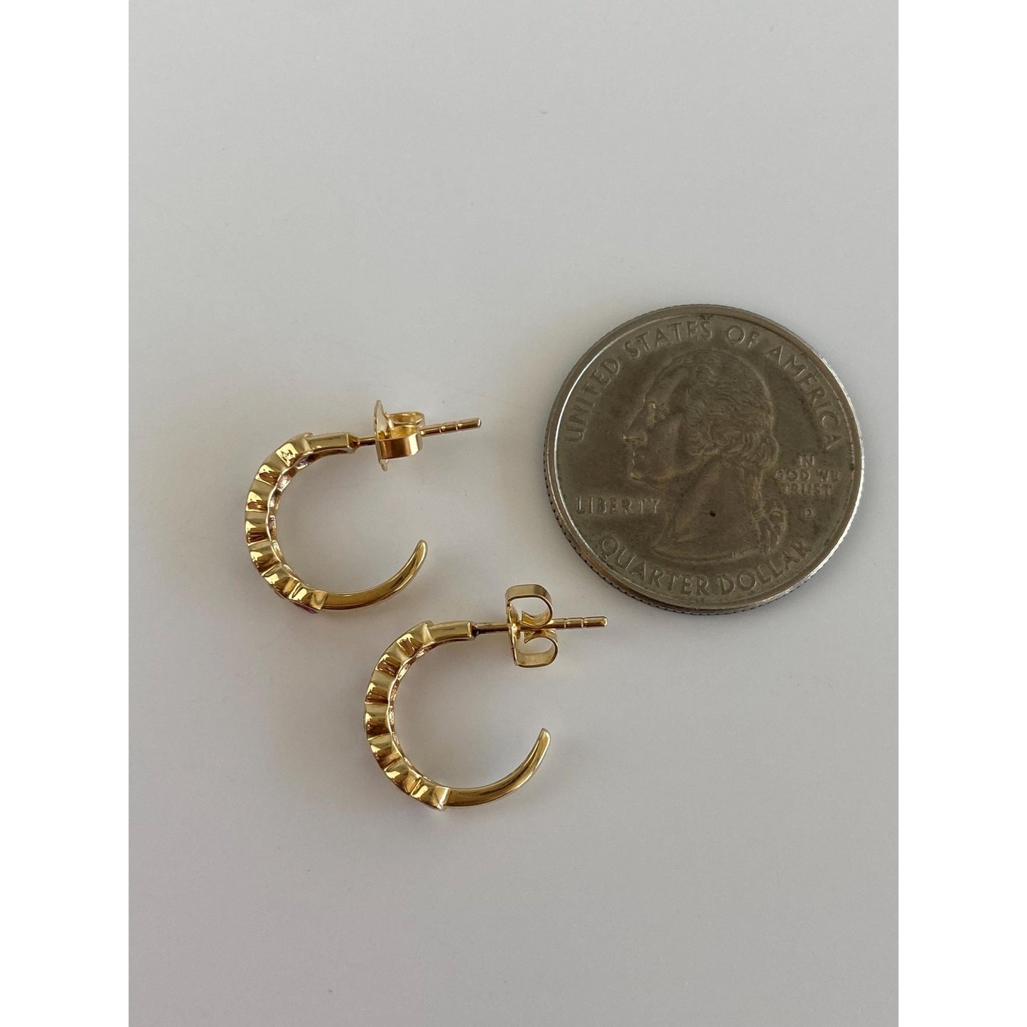 Vintage Solid 14k Yellow Gold Diamond Pink Spinel Hoop Earrings