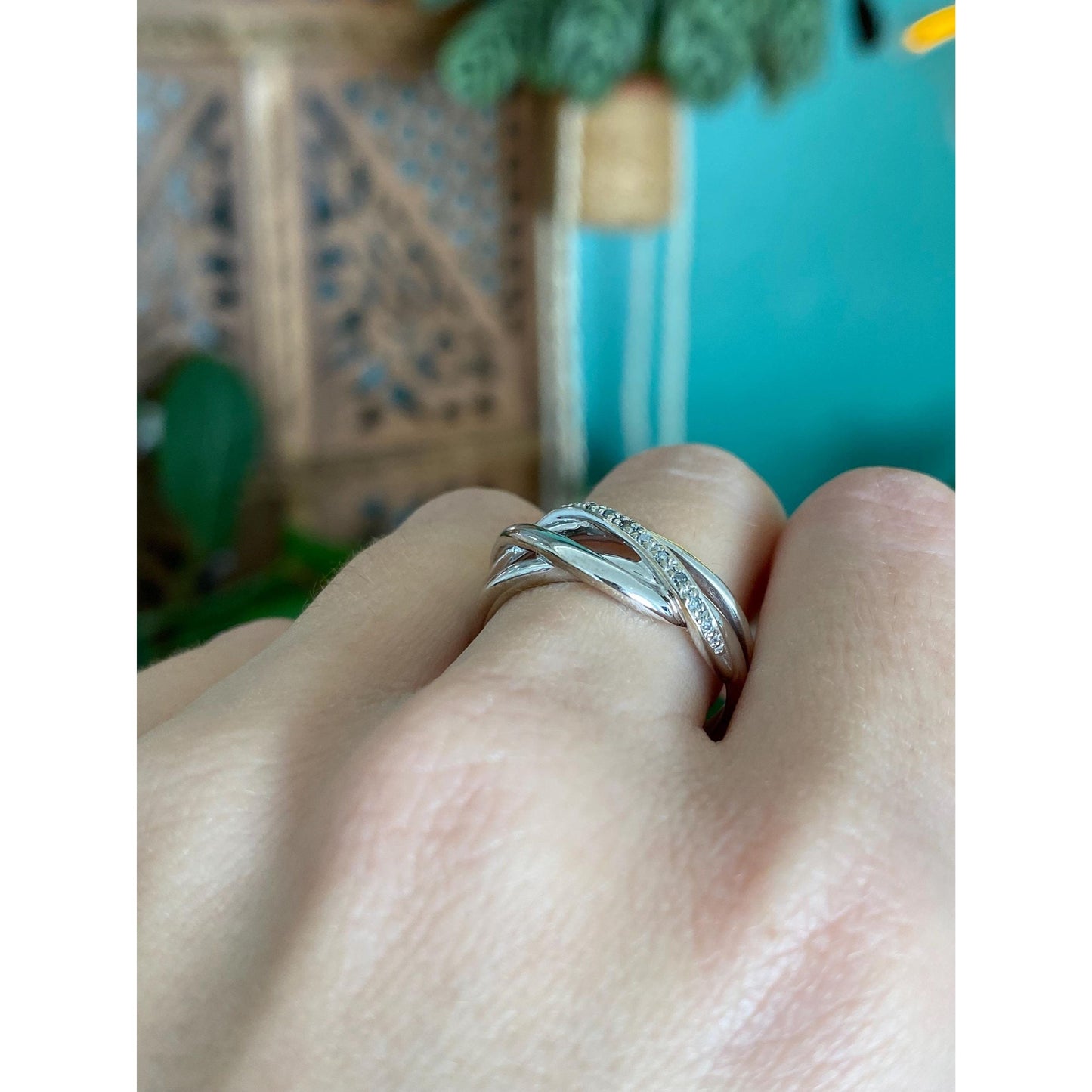 Vintage Solid 14k White Gold Diamond Twist Ring Band - Size 8.75