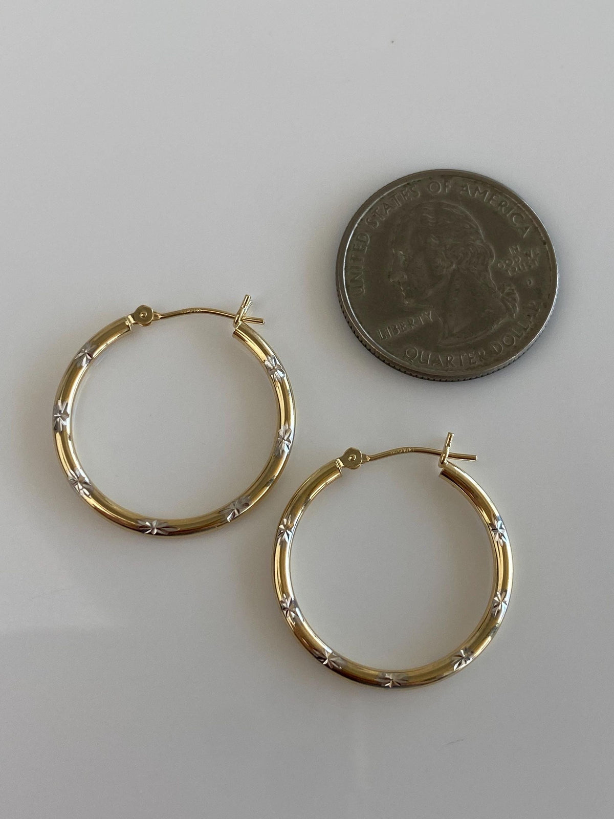 Vintage 14k White & Yellow Gold Diamond Cut Stars Hoop Earrings