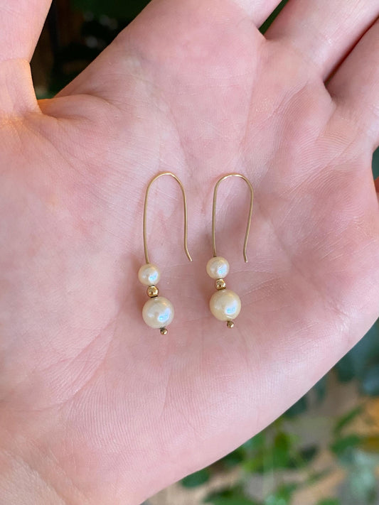 Vintage Solid 14k Yellow Gold Pearls Gold Ball Drop Earrings