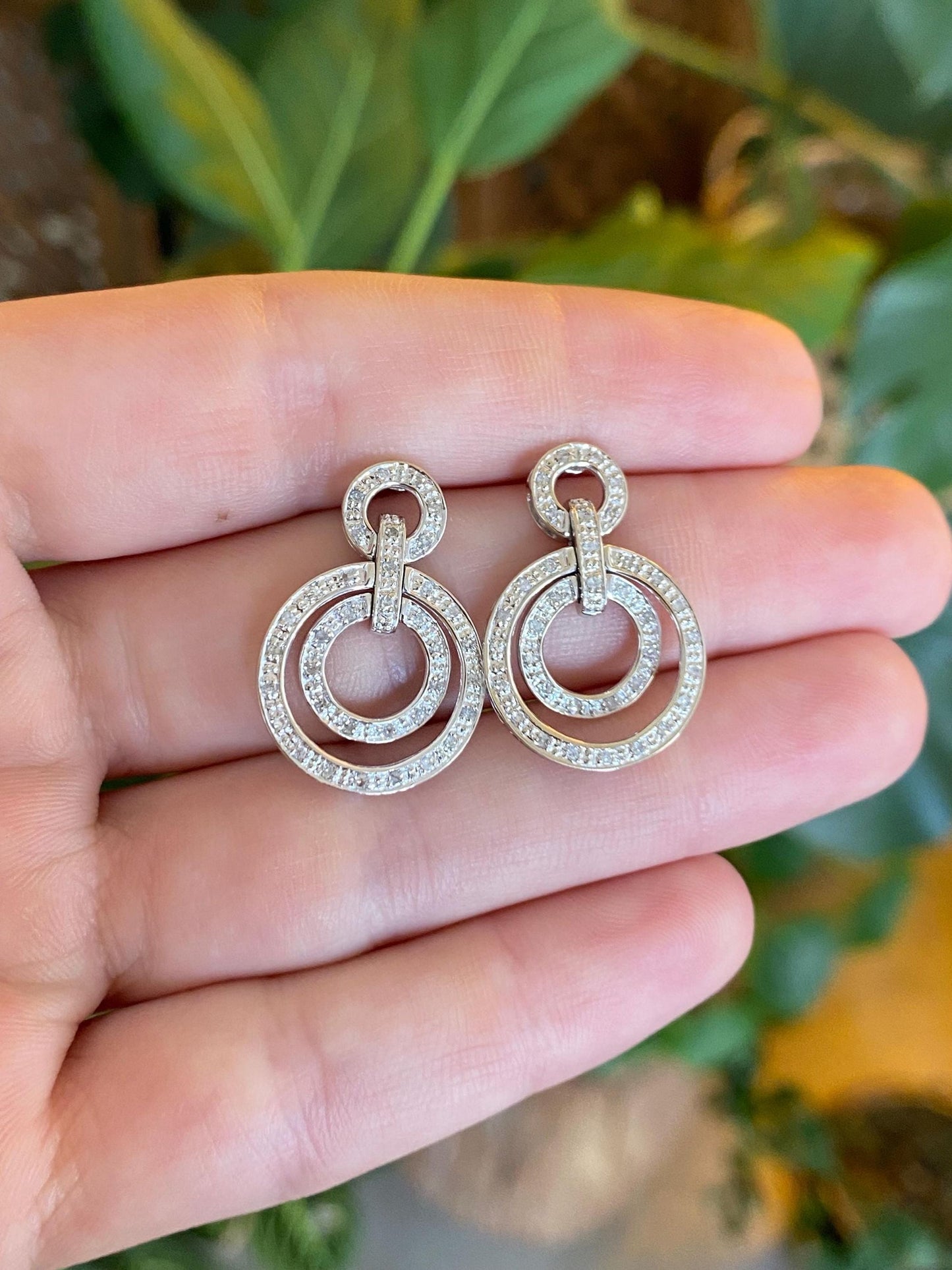 Vintage Solid 14k White Gold Diamond Circles Drop Earrings