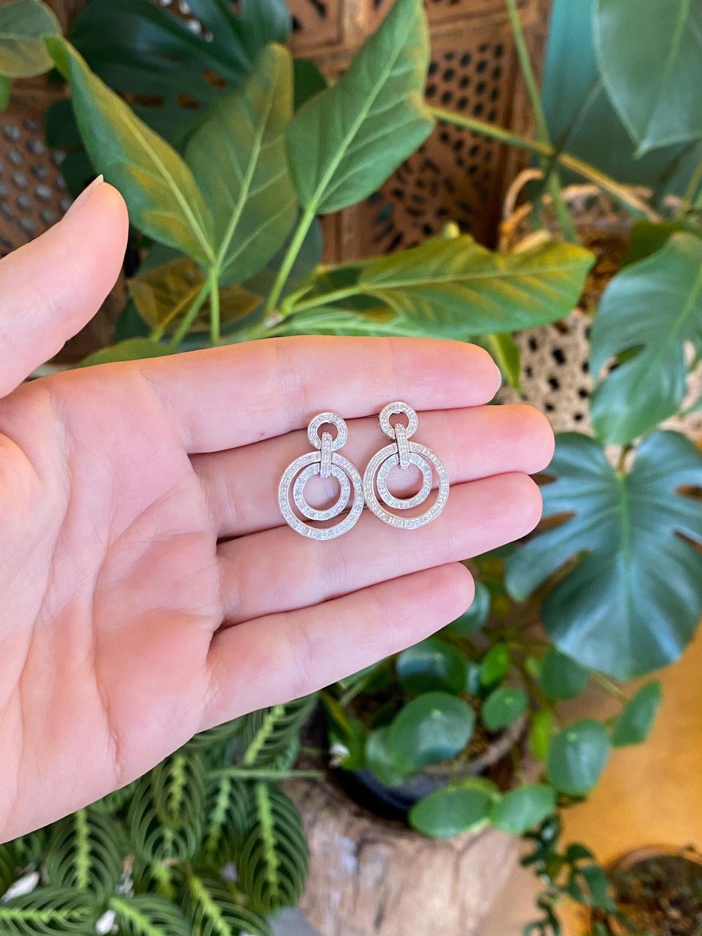 Vintage Solid 14k White Gold Diamond Circles Drop Earrings