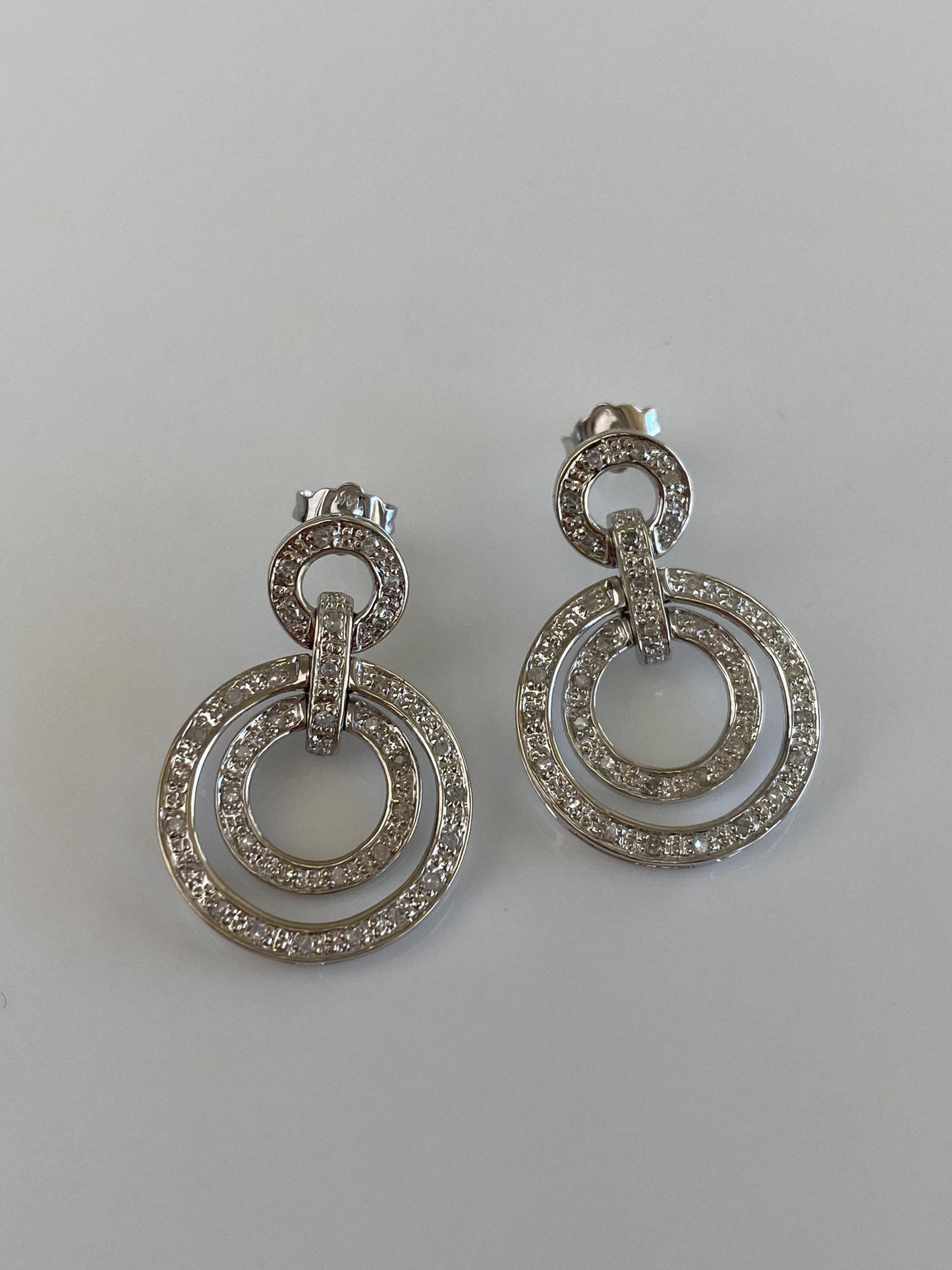 Vintage Solid 14k White Gold Diamond Circles Drop Earrings