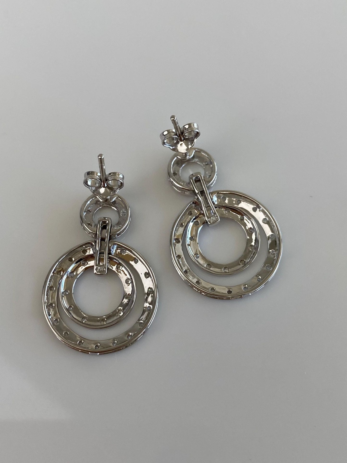 Vintage Solid 14k White Gold Diamond Circles Drop Earrings